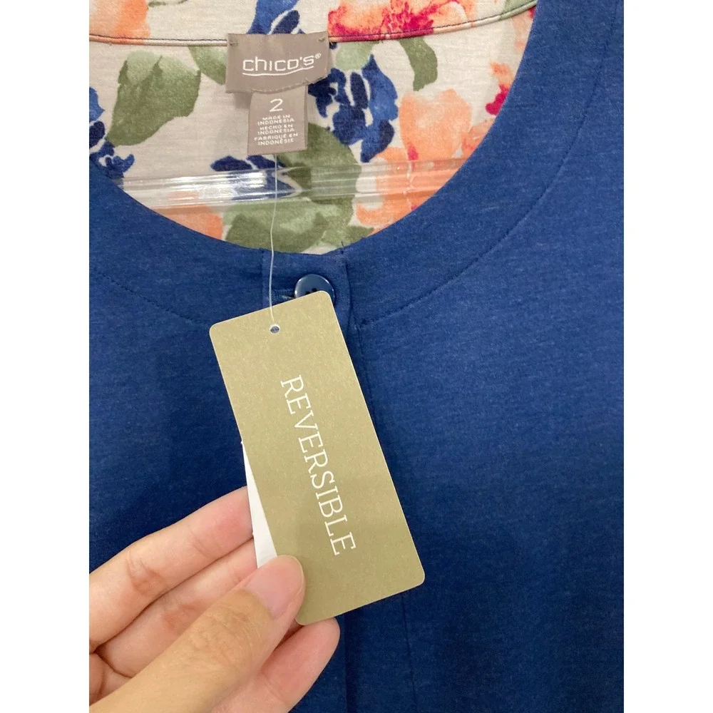 New Chico's Reversible Ponte Jacket size Large/2 Indigo Blue Floral Soft Preppy‎